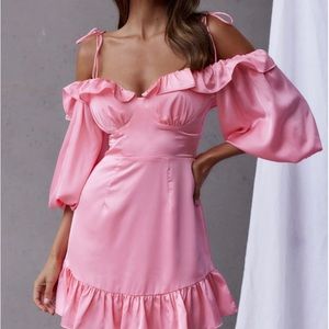SATIN NECKLINE BALLOON SLEEVE DRESS PINK